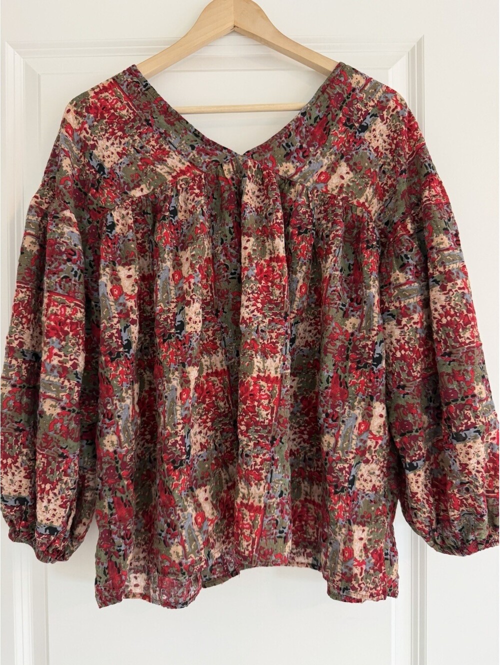 Bucket List Boho Blouse Red Green Abstract Pattern Size S Folk Artsy Made In USA